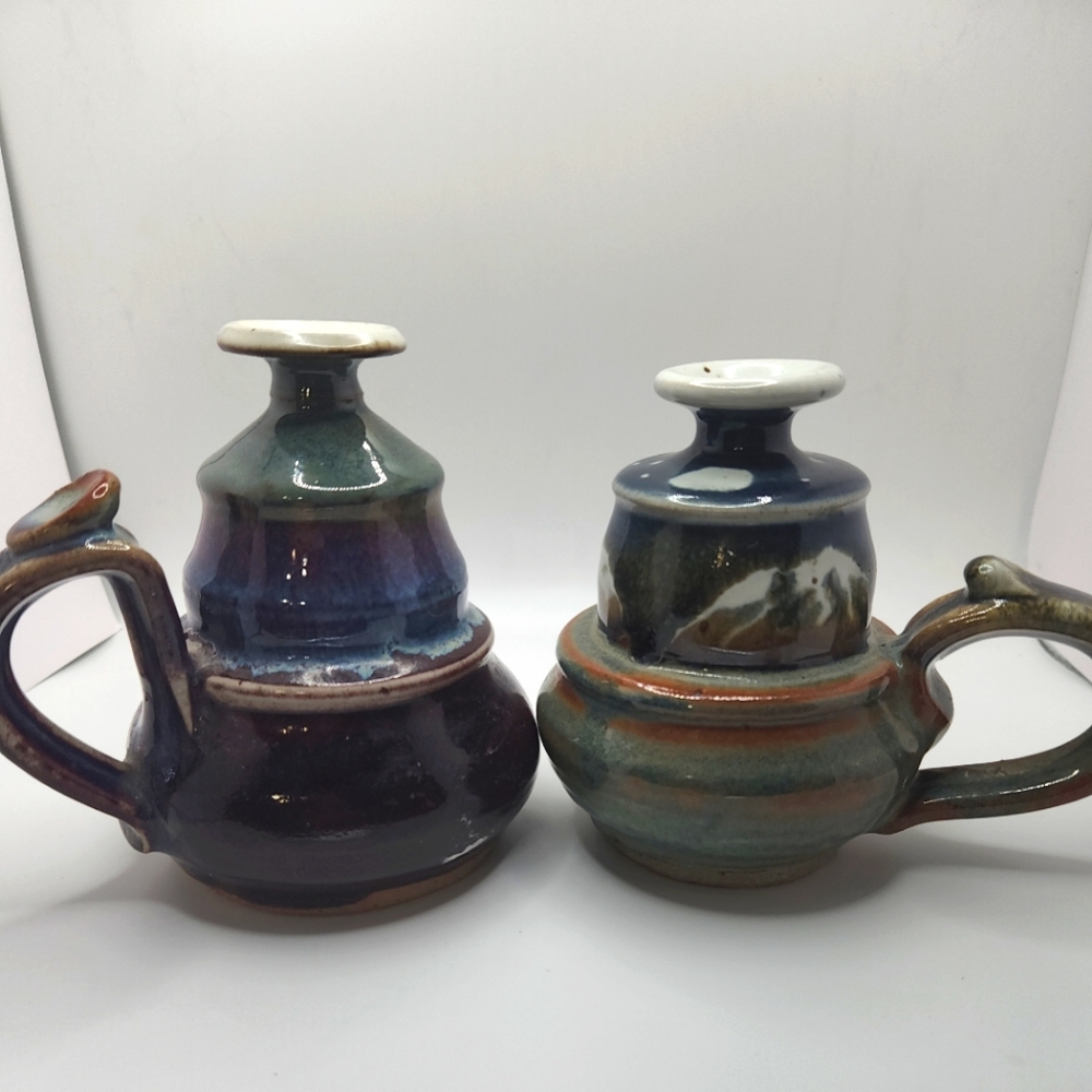 2 VINTAGE STUDIO POTTERY HAND THROWN CANDLE HOLDER, (HOUGH) MAKERS MARK